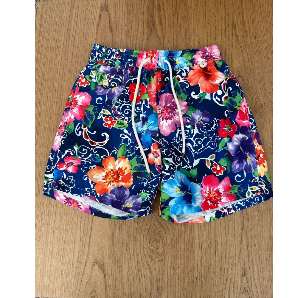 Polo Ralph Lauren Mens Size Small Floral Hibiscus Swim Trunks Navy Blue 6"
